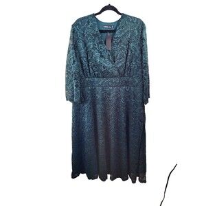 New Lookbook Store Womens 24W Green Lace V-Neck Long Sleeve Midi Dress